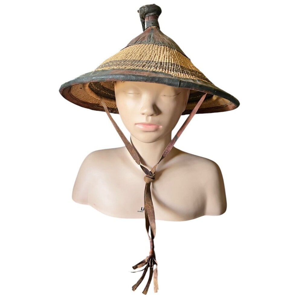 West African Tuareg Fulani Hat Tribal Handmade Leather & Grass Fiber Chin Strap - Picture 1 of 11